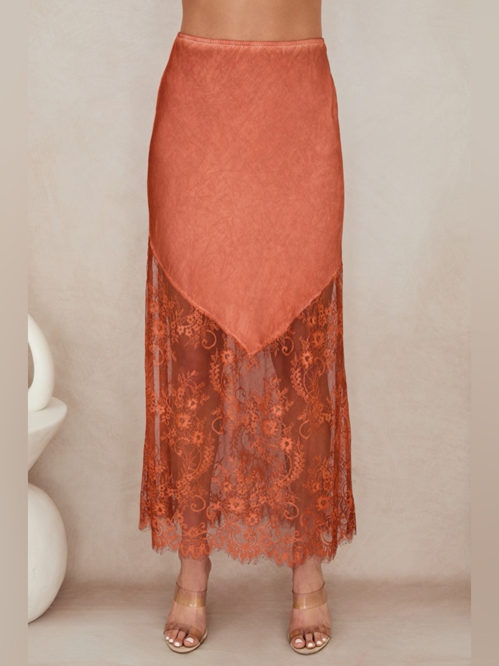 (6324-BGE) VISCOSE MAXI SKIRT WITH LACE HEM - Picture 3 of 6